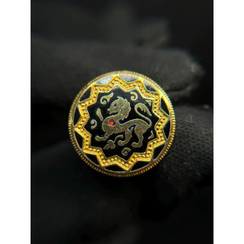 Vintage Spanish Gold Tone Lion Cufflinks Black Enamel Red Rhinestone